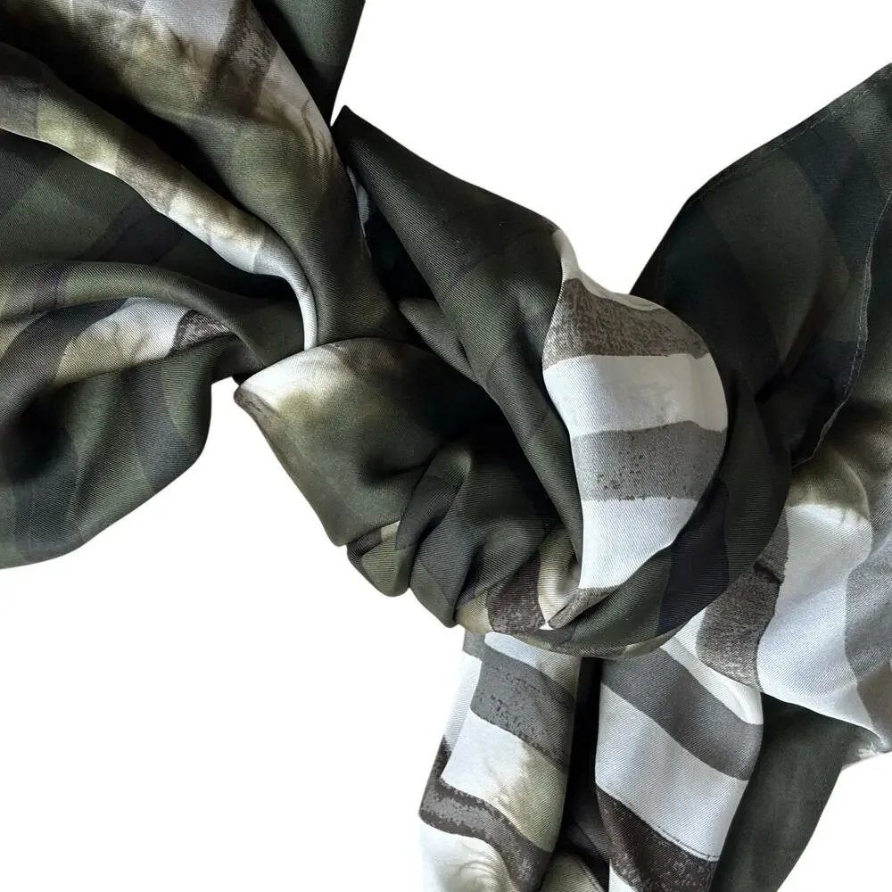 Chico’s silk scarf wrap shawl khaki green & white mod abstract stripes fringe